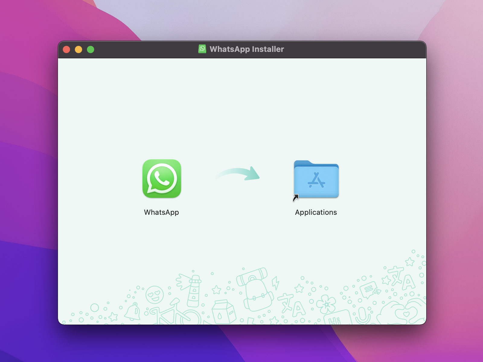 Window on macOS for the WhatsApp Installer (DMG).
              Two icons are present: 'WhatsApp' and 'Applications'. The user is prompted to
              drag the WhatsApp app icon into the Applications folder.